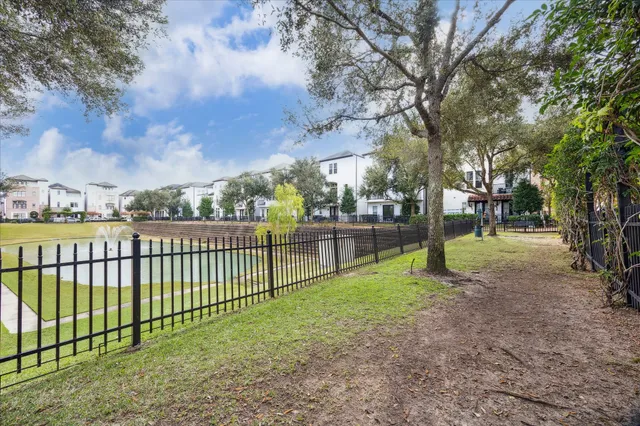 a view of a park with large trees