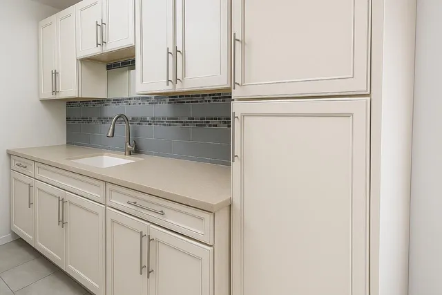 a kitchen with granite countertop cabinets and white appliances
