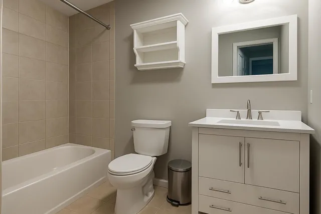 a bathroom with a toilet a sink a mirror and bathtub
