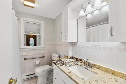 a bathroom with a sink a toilet and mirror