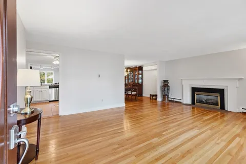 a view of empty room with wooden floor and fireplace