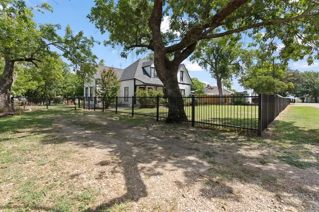 a view of a park with large trees