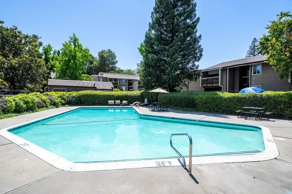 a view of a swimming pool with a yard