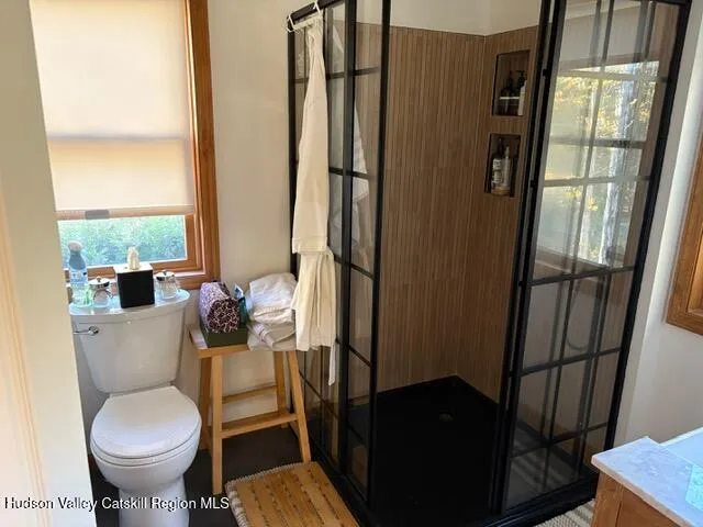 a bathroom with a toilet and a shower