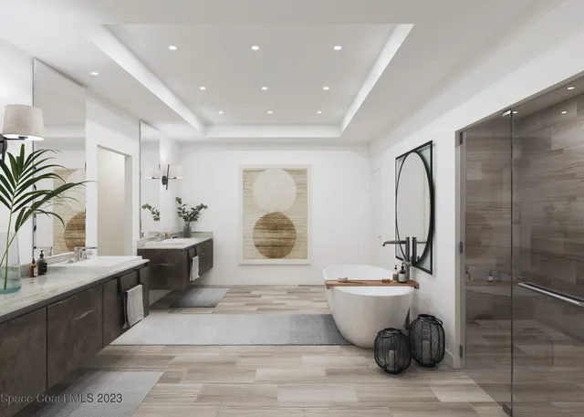 a bathroom with a double vanity sink a mirror and a shower