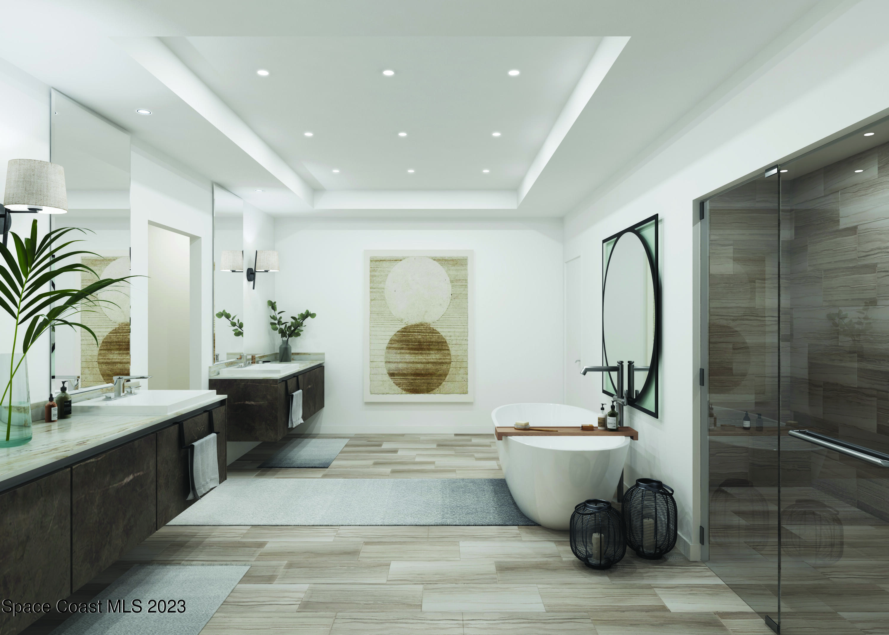 604 Highway A1a Satellite Beach, Unit 902 Satellite Beach, FL 32937 - Photo 8 of 18 a bathroom with a double vanity sink a mirror and a shower