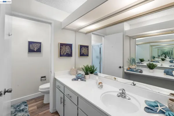 a bathroom with a double vanity sink toilet and mirror