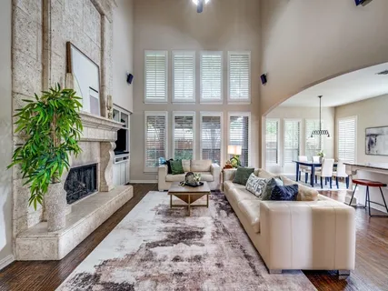 a living room with furniture fireplace and potted plants