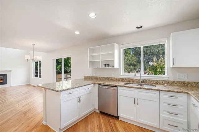 a kitchen with a sink window and cabinets