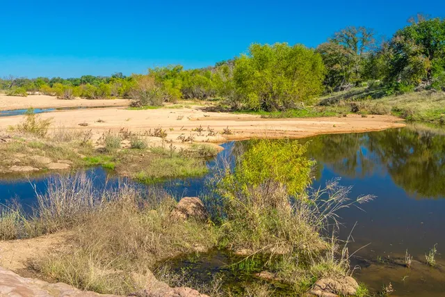 a view of a lake with a yard