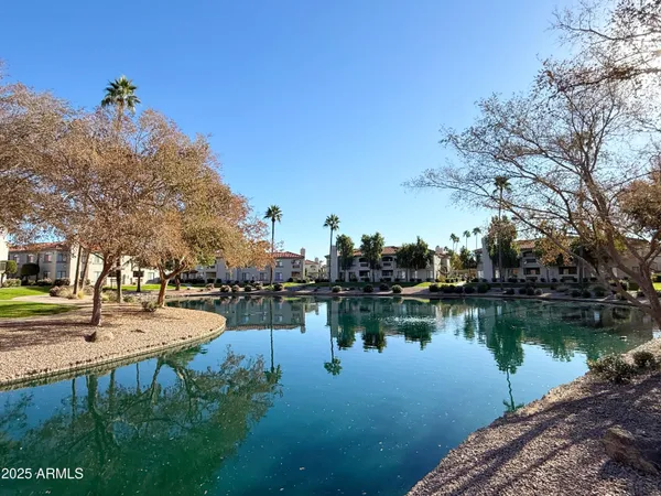 a view of a lake with houses