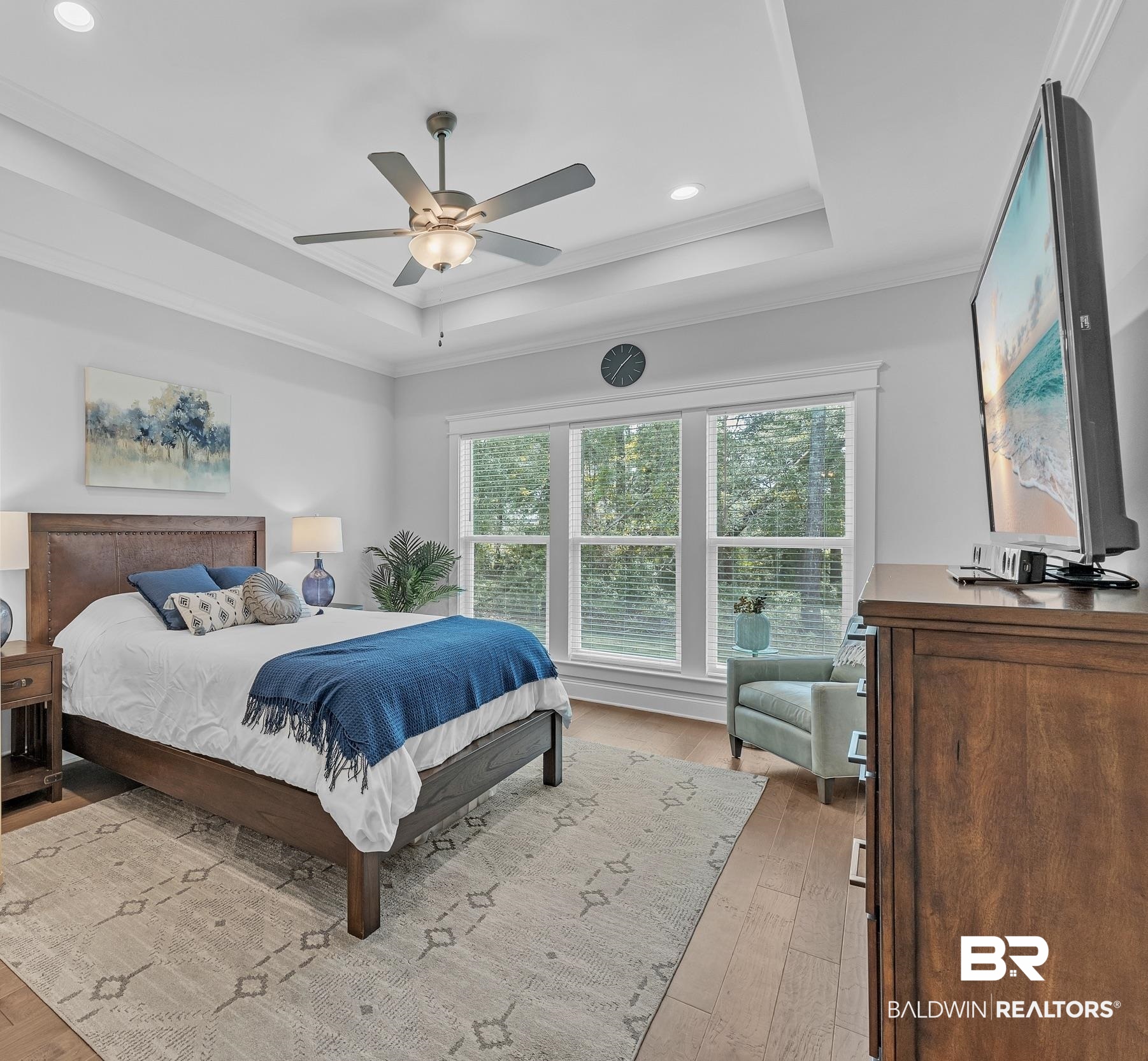 31630 Canopy Loop Daphne, AL 36527 - Photo 14 of 30 Bedroom featuring ceiling fan, crown molding, light wood finished floors, a tray ceiling, and recessed lighting