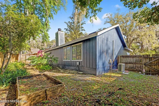 a view of backyard with potted plants and a large tree