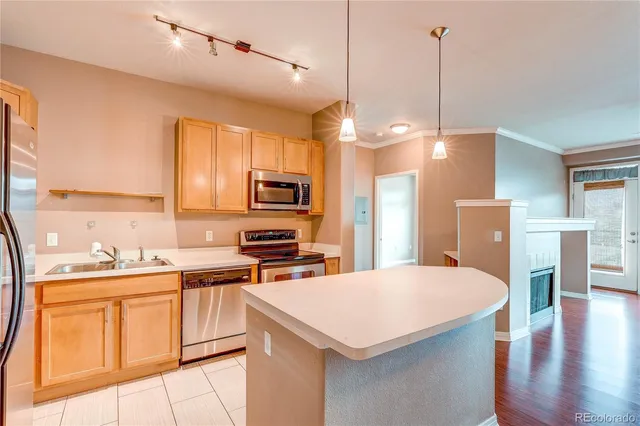 a kitchen with a sink a counter space appliances and cabinets