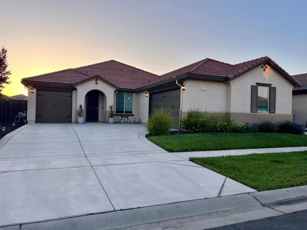a view of a house with a yard and large tree