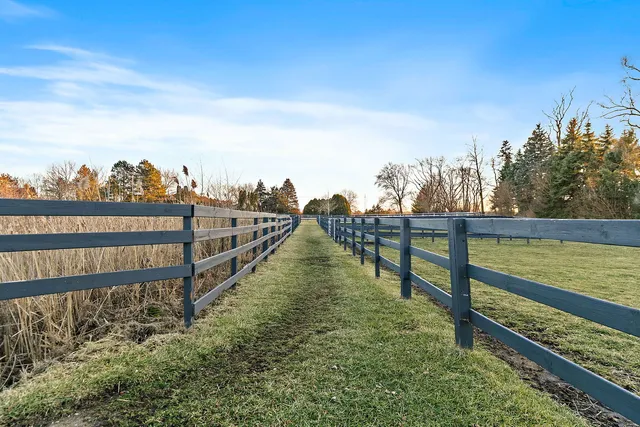 a view of a pathway with a wrought fence