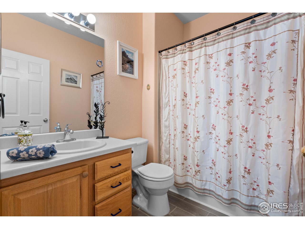 10351 Cook Way Thornton, CO 80229 - Photo 22 of 30 a bathroom with a granite countertop sink toilet a mirror and shower curtain