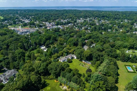 a view of a city with lush green forest