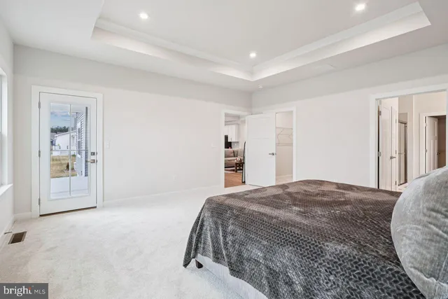 a spacious bedroom with a bed and a cabinets