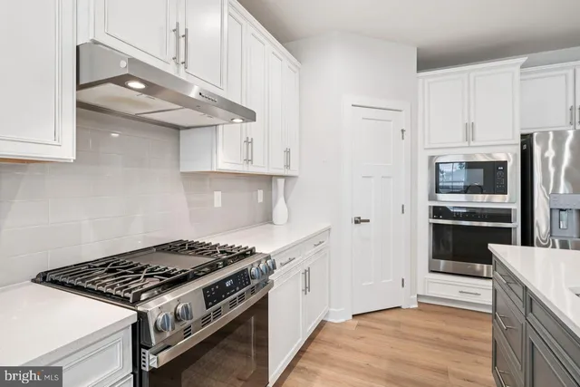 a kitchen with stainless steel appliances a stove and a refrigerator