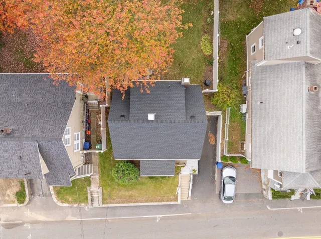 aerial view of a house with a patio
