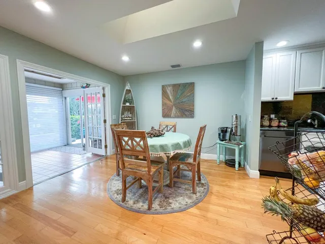 a view of a dining room with furniture