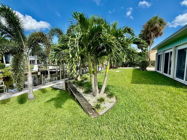 a view of a backyard with plants and a patio
