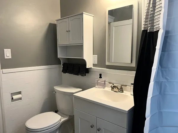 a bathroom with a sink toilet and mirror