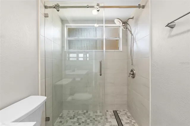 a bathroom with a shower and toilet