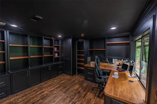 a room with wooden furniture