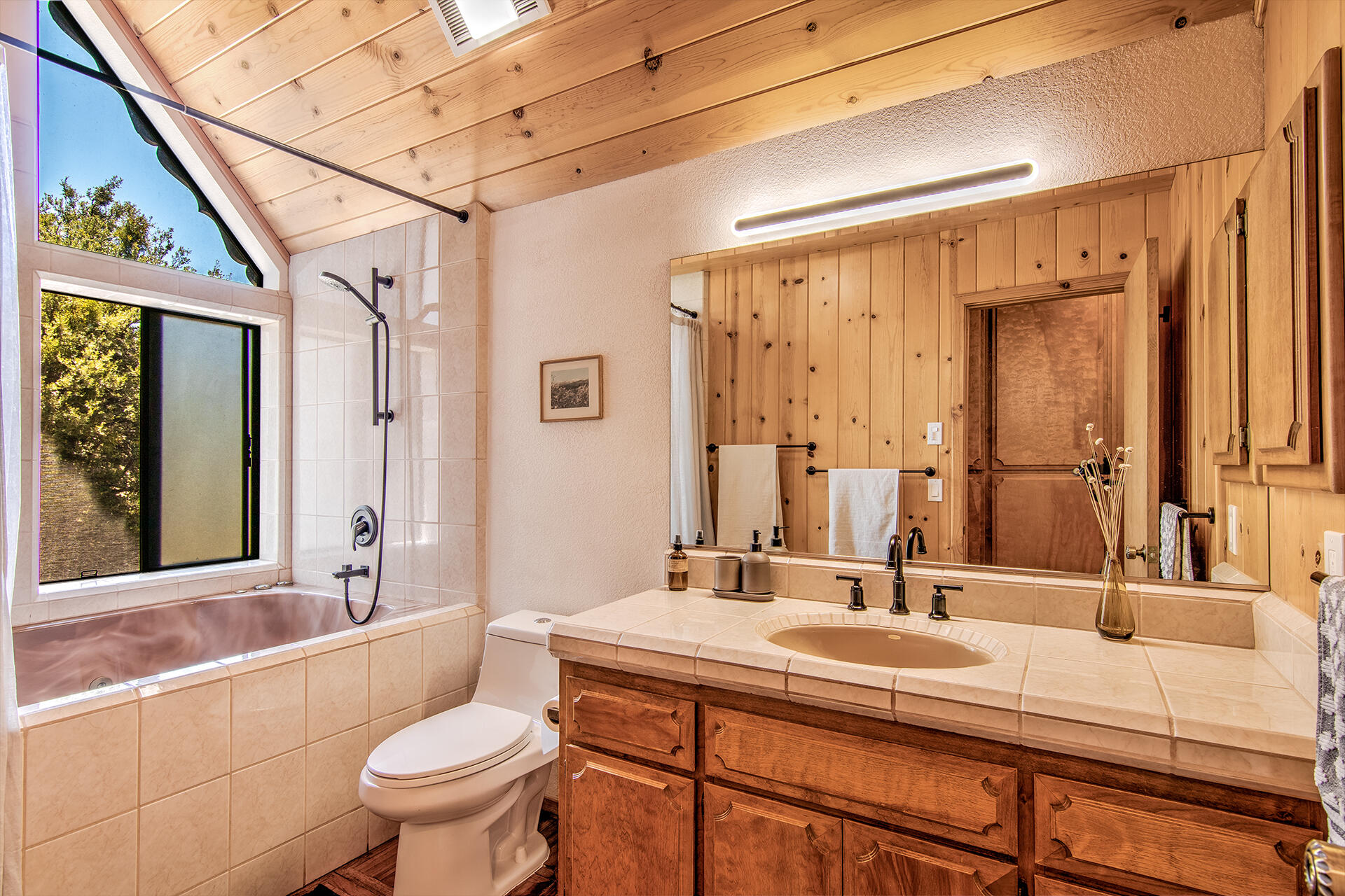 55540 Howland Road Idyllwild, CA 92549 - Photo 28 of 76 a bathroom with a double vanity sink toilet mirror and bathtub
