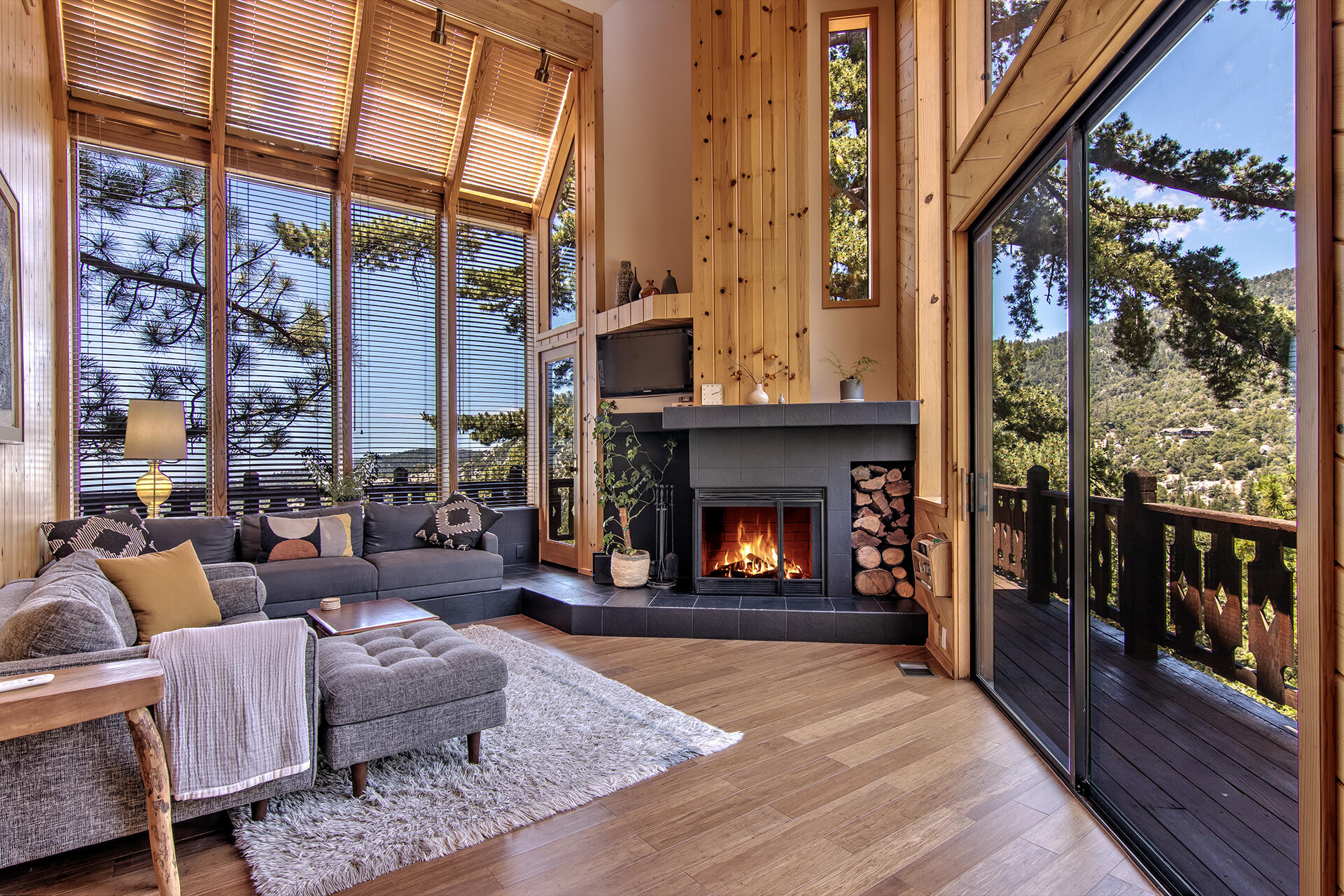 55540 Howland Road Idyllwild, CA 92549 - Photo 3 of 76 a living room with furniture large window and a fireplace