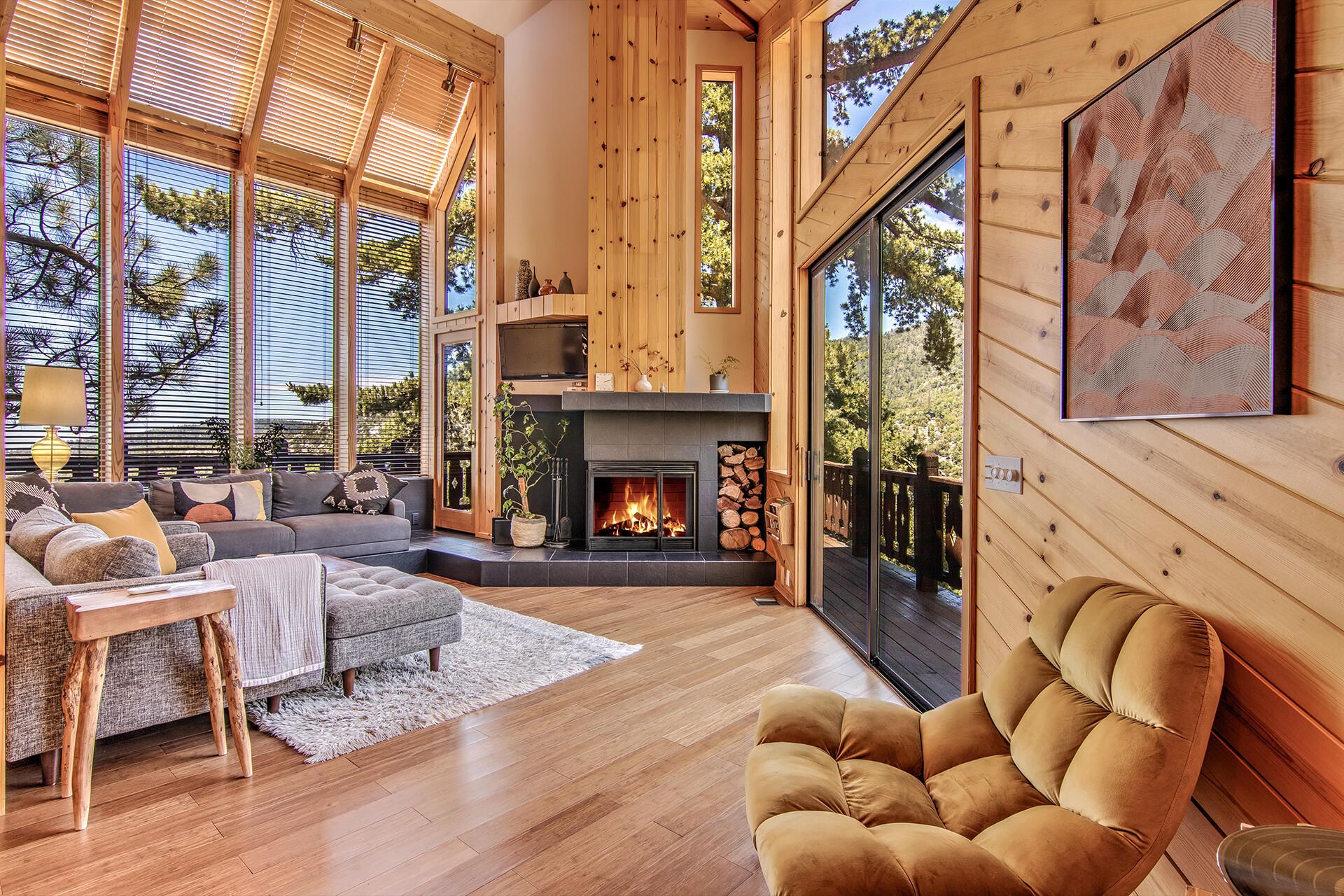 55540 Howland Road Idyllwild, CA 92549 - Photo 4 of 76 a living room with furniture a fireplace and a floor to ceiling windows