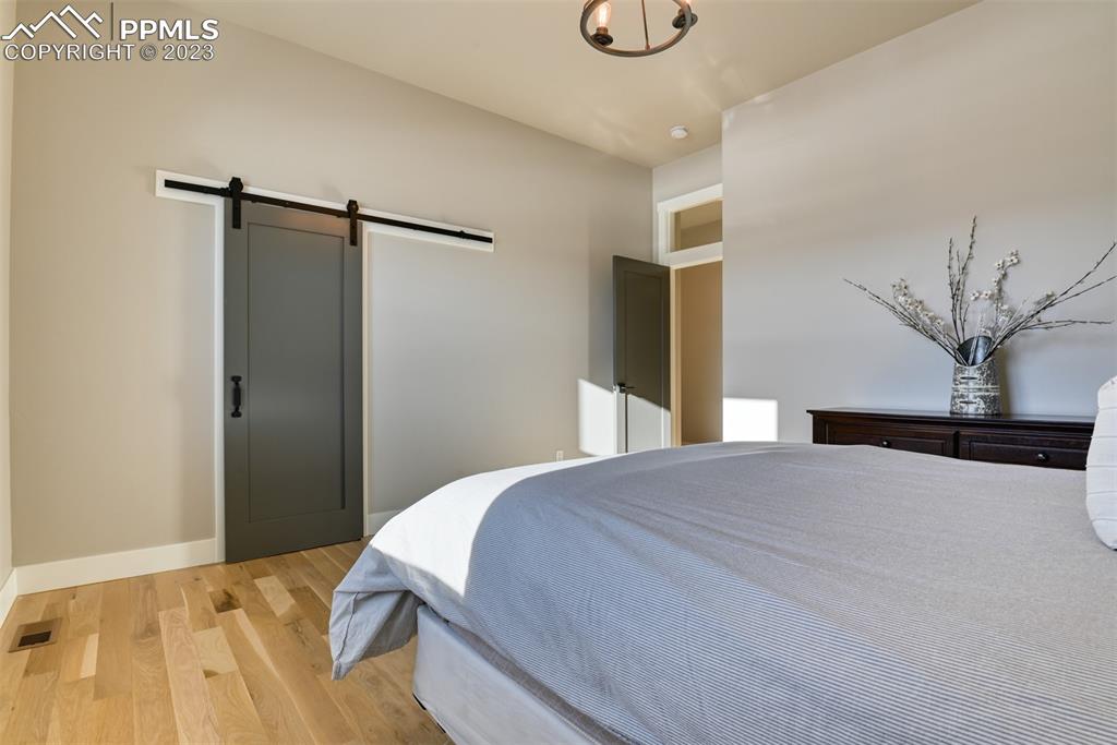 14149 Stone Eagle Place Colorado Springs, CO 80921 - Photo 14 of 47 a bedroom with a large bed and a chandelier