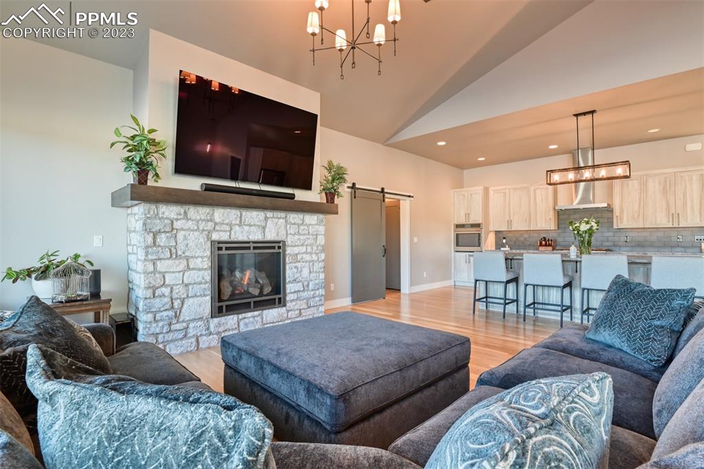 14149 Stone Eagle Place Colorado Springs, CO 80921 - Photo 26 of 47 a living room with furniture a flat screen tv and a fireplace