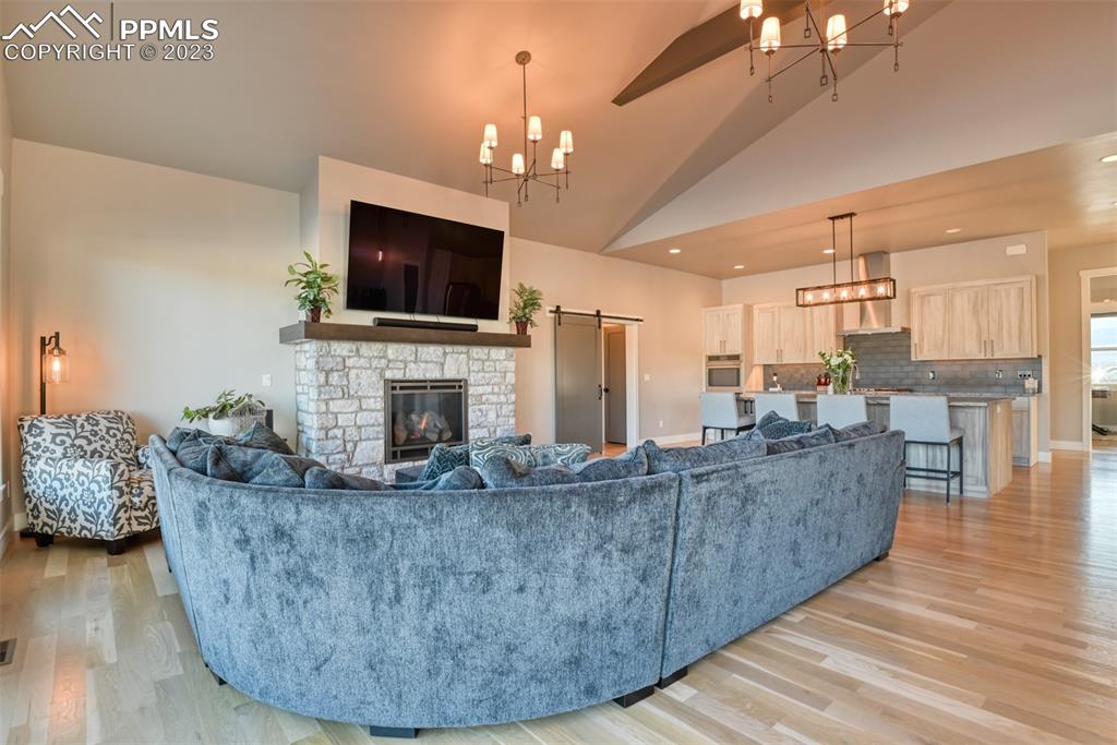 14149 Stone Eagle Place Colorado Springs, CO 80921 - Photo 29 of 47 a living room with furniture a flat screen tv and a fireplace