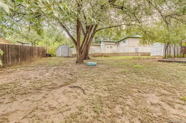 a backyard of a house with large trees and wooden fence