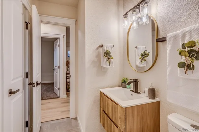 a bathroom with a sink a mirror and a shower curtain