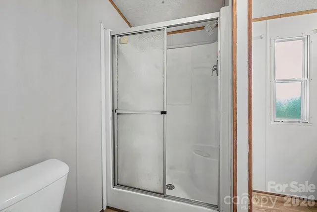 a bathroom with a shower and toilet