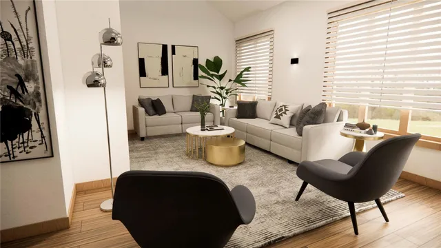 a living room with furniture and wooden floor