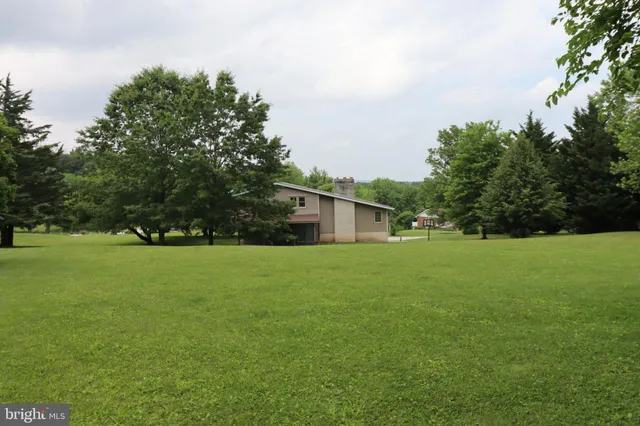 a view of a green field with trees in the background