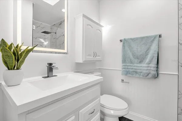 a bathroom with a sink a toilet and a mirror