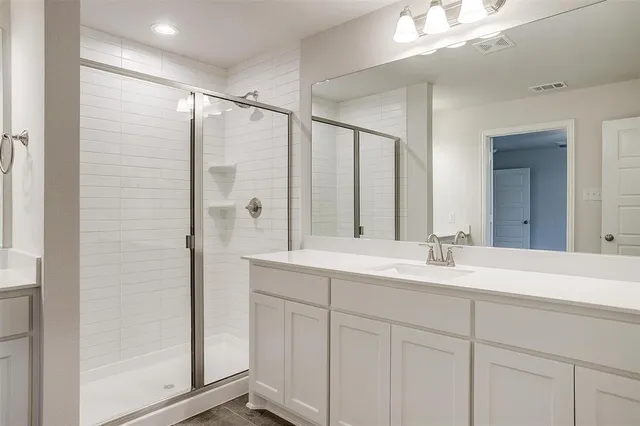 a bathroom with a shower sink and mirror