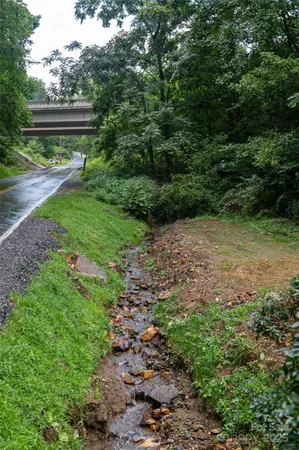 a view of a tiny house with a yard and large trees