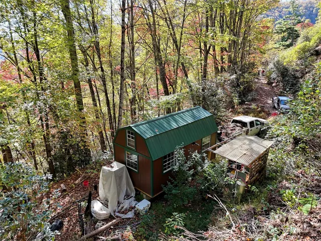 an aerial view of a house with a yard and tree s