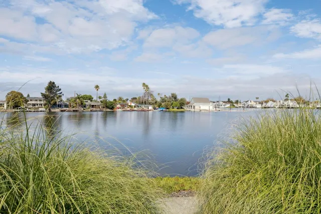 a view of a lake with boats and trees