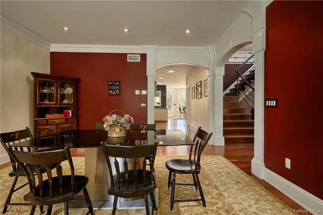 a view of a dining room with furniture