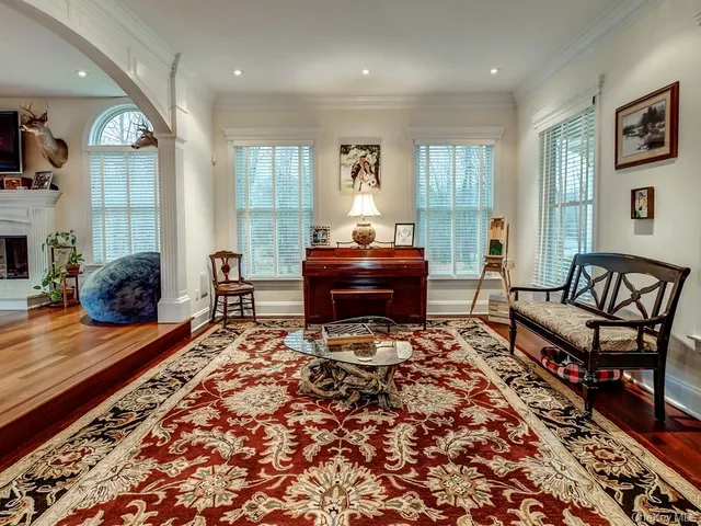 a living room with furniture and a rug