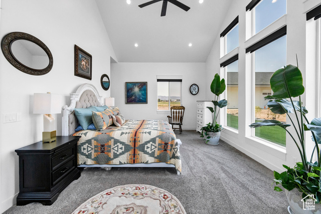 1952 Highway 118 Monroe, UT 84754 - Photo 28 of 88 Bedroom featuring carpet flooring, multiple windows, high vaulted ceiling, recessed lighting, and a ceiling fan