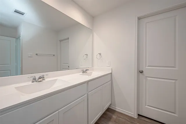 a bathroom with a double vanity sink and mirror